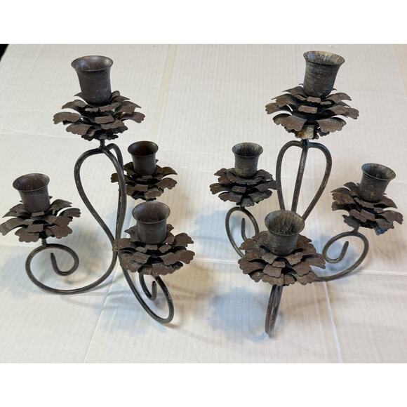 2 Rustic Metal 4 Taper Candle Holder Pine Cone Or Flowers Primitive Centerpiece - Picture 1 of 7